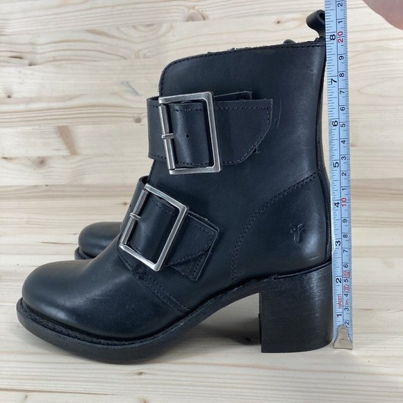 Frye Sabrina Double Buckle Black Leather Zipper Stacked Heels Mid Calf Boot 6M - Picture 14 of 16